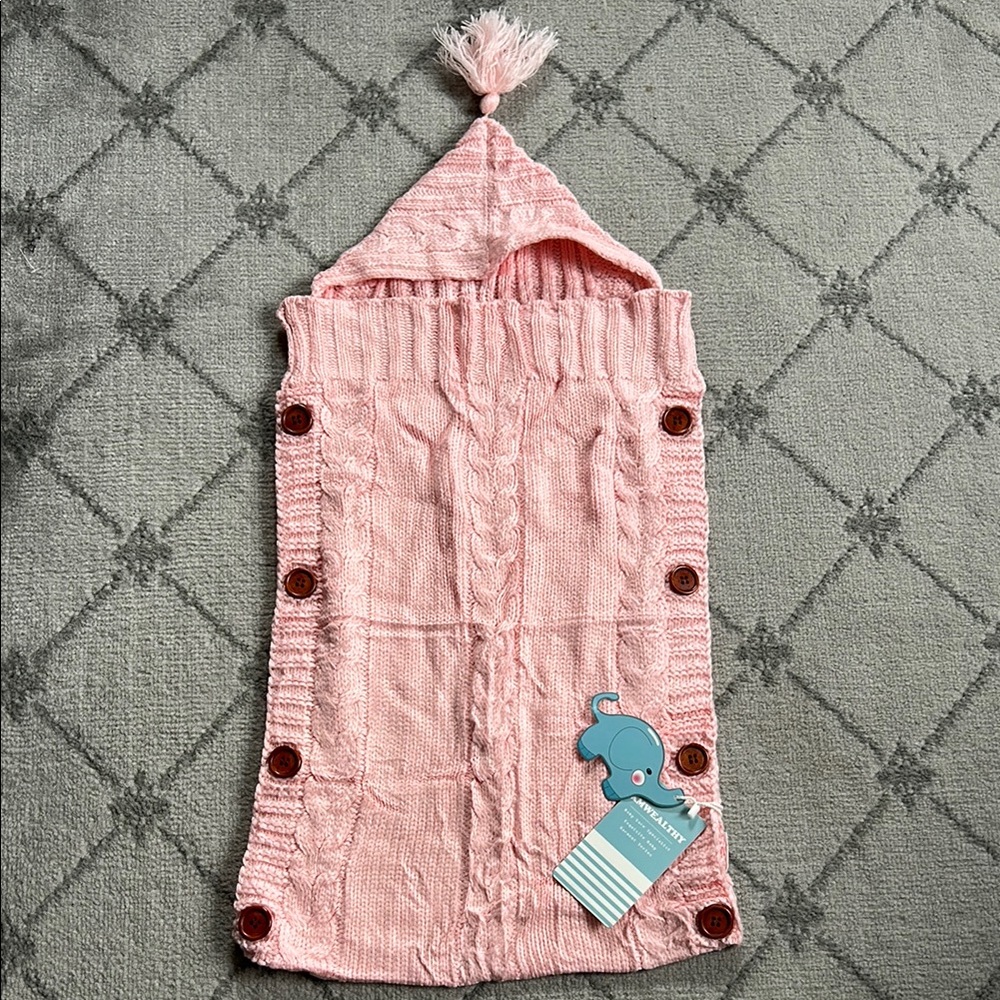 XMWEALTHY Pink Hooded Knit Swaddle Blanket